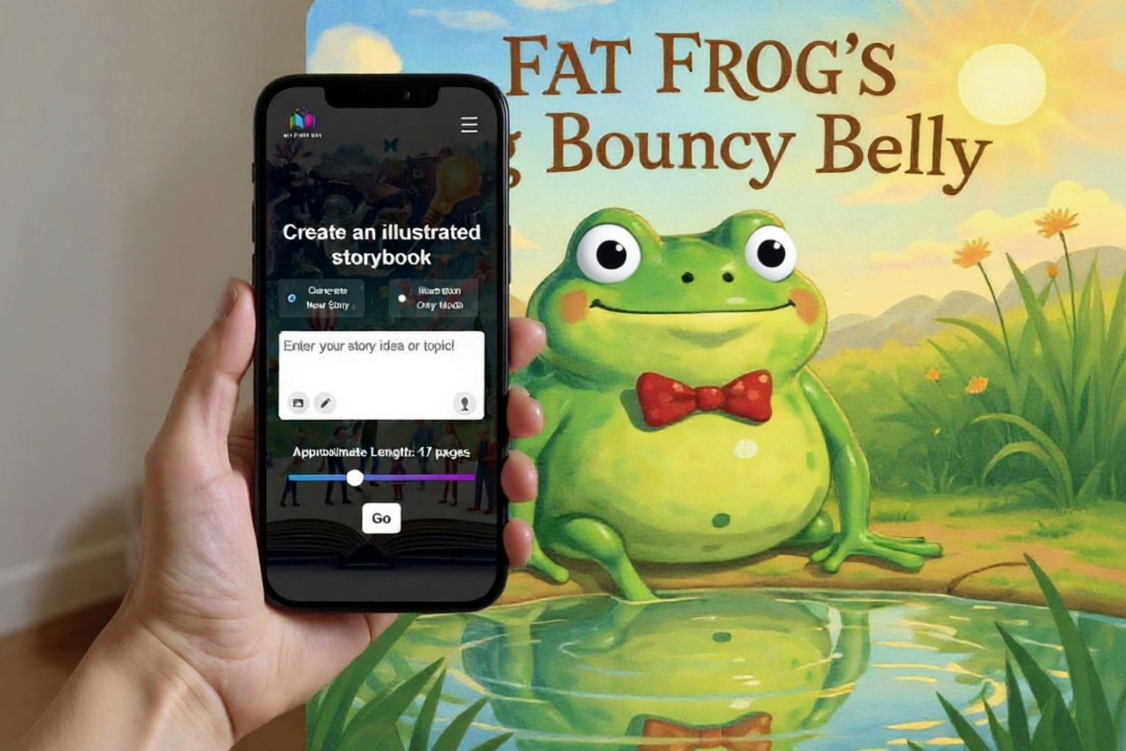 The MyStoryBot app on a phone, turning a story idea into an illustrated frog storybook