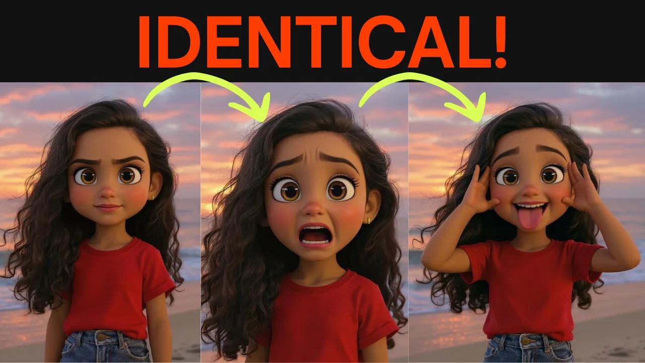 The same cartoon girl shown in three expressions, the face identical across all three